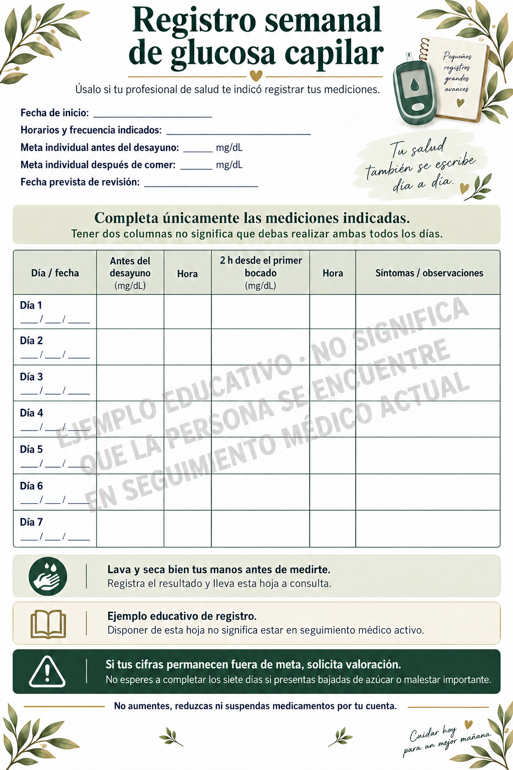 Hoja educativa con sello de agua para registrar durante siete días las mediciones indicadas de glucosa capilar, horarios, síntomas y observaciones.