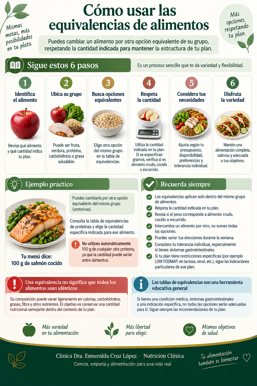 Infografía con seis pasos para sustituir un alimento por otro del mismo grupo, respetando la cantidad indicada y las necesidades individuales.
