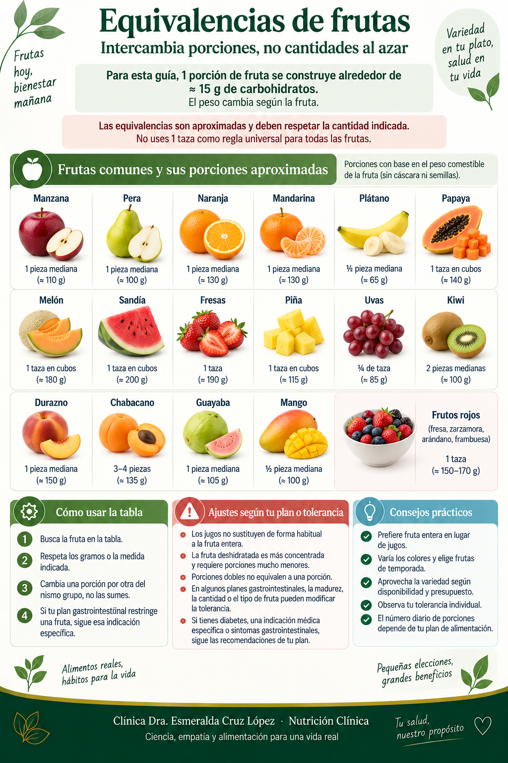 Tabla ilustrada de porciones aproximadas de diecisiete frutas, construidas alrededor de 15 gramos de carbohidratos por porción para esta guía.
