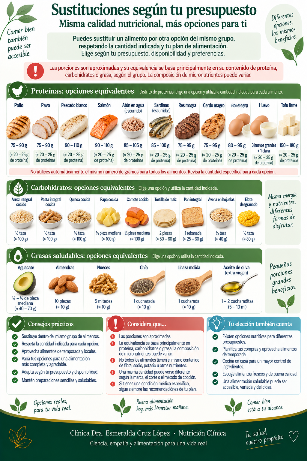 Tabla de opciones equivalentes de proteínas, carbohidratos y grasas saludables para elegir según presupuesto y disponibilidad, respetando cantidades específicas.