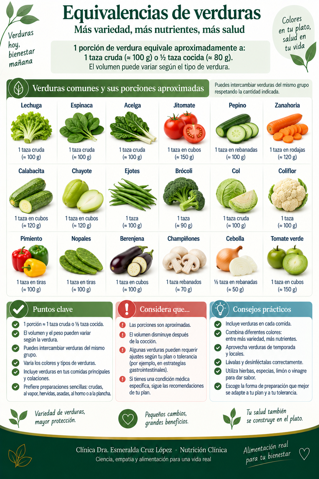 Tabla ilustrada de porciones aproximadas de dieciocho verduras y recomendaciones para variar colores, tipos y preparaciones.