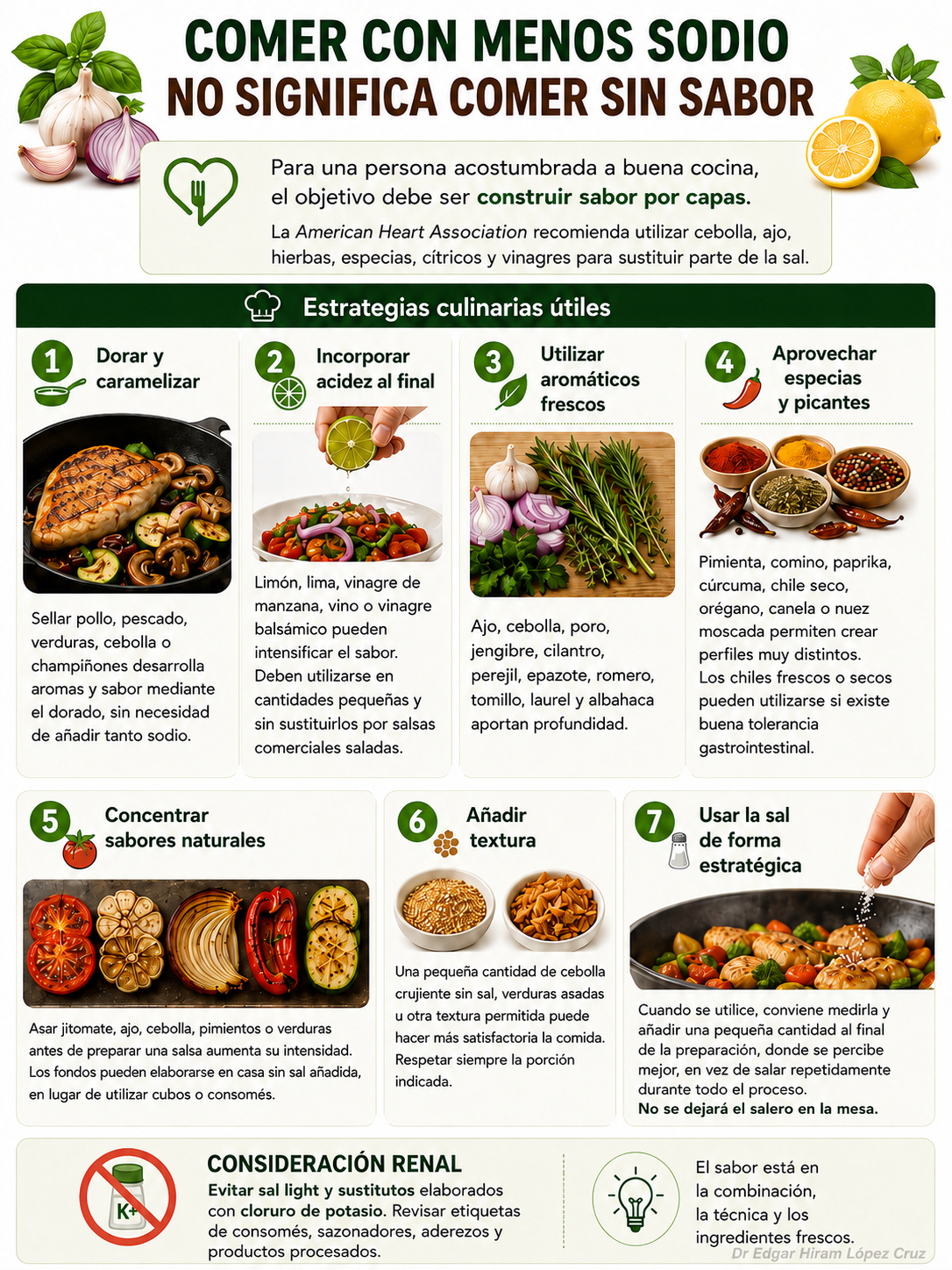 Infografía con siete estrategias culinarias para preparar alimentos con menos sodio sin perder sabor.