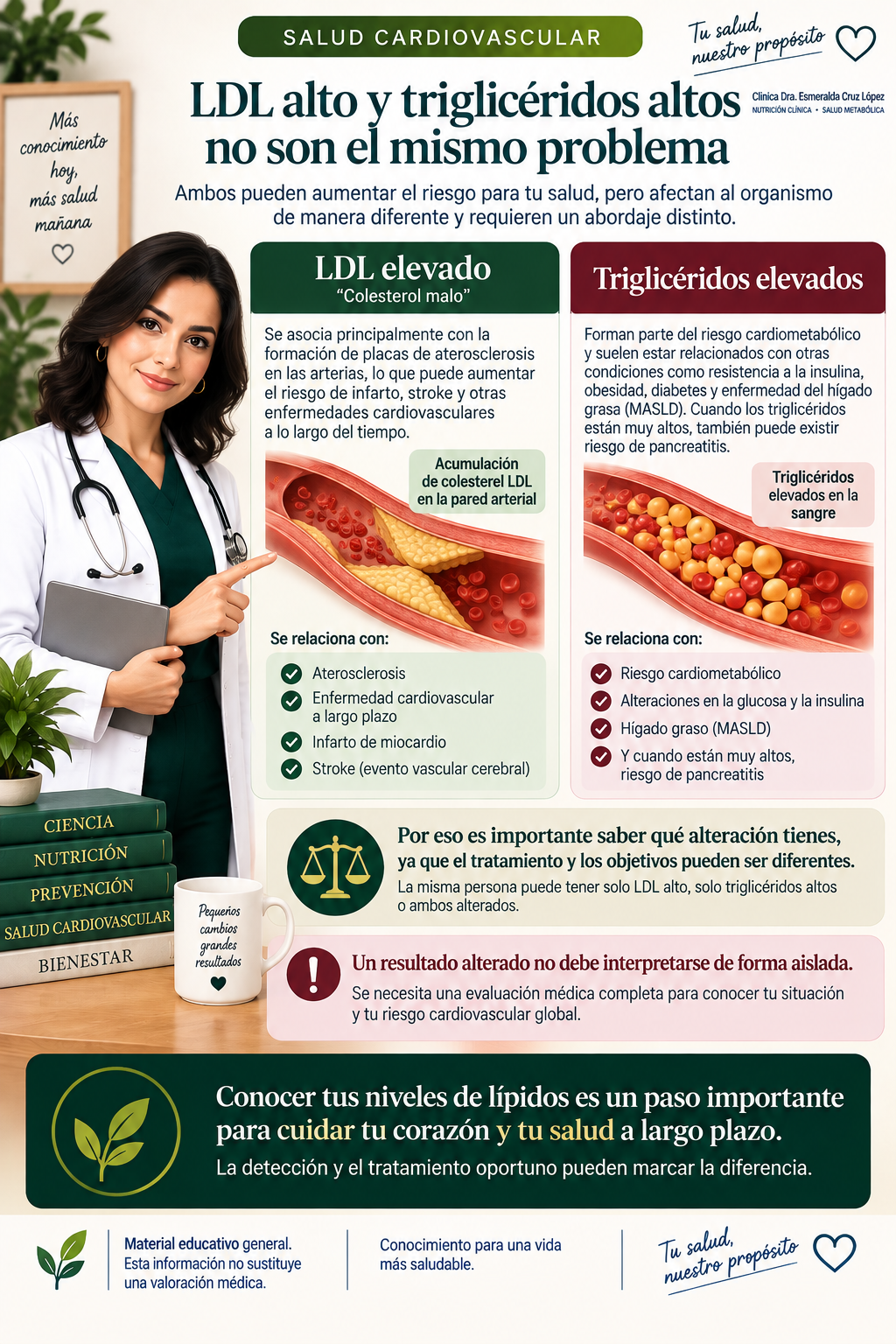 Infografía que compara la relación del LDL elevado con aterosclerosis y la de los triglicéridos elevados con el riesgo cardiometabólico y, cuando son muy altos, pancreatitis.