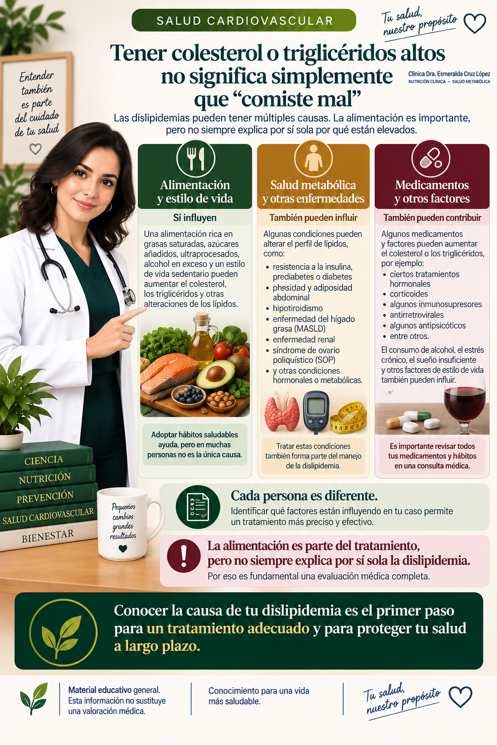 Infografía que muestra que la alimentación, el estilo de vida, condiciones metabólicas, enfermedades, medicamentos y otros factores pueden influir en una dislipidemia.