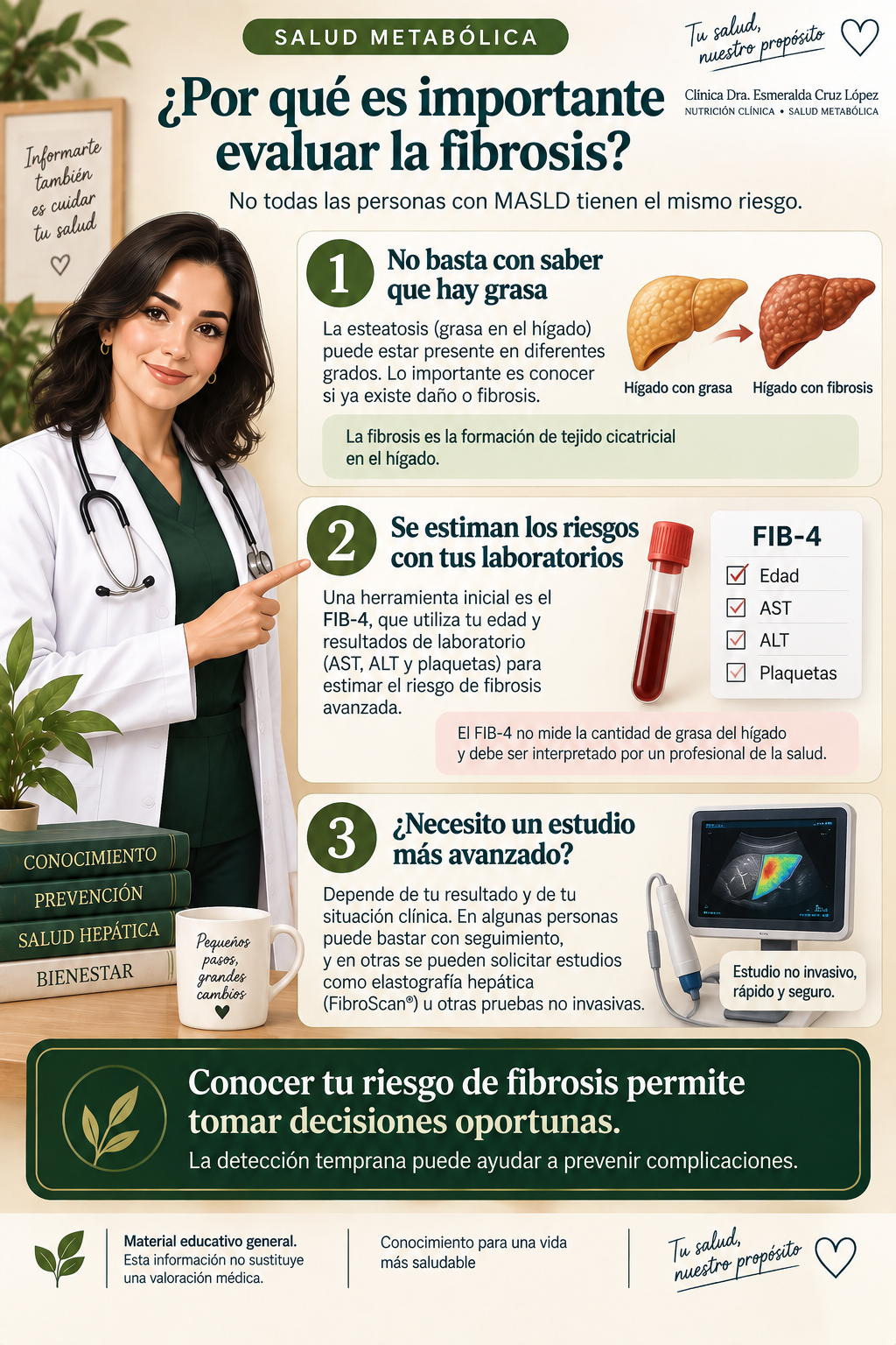 Infografía que explica la diferencia entre grasa y fibrosis hepática, los datos usados por FIB-4 y la posible necesidad de elastografía u otros estudios no invasivos.