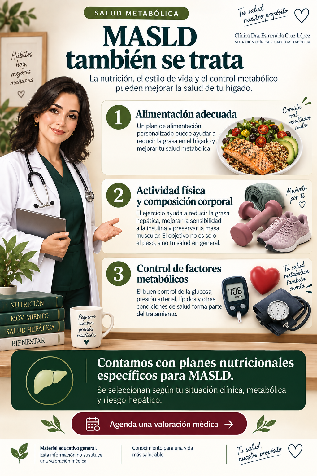 Infografía sobre el papel de la alimentación individualizada, la actividad física, la composición corporal y el control de factores metabólicos en el tratamiento de MASLD.