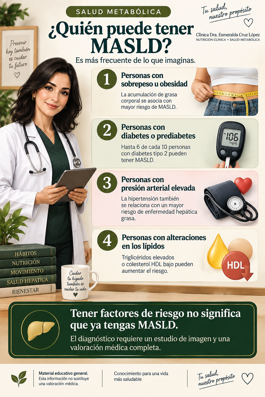 Infografía sobre factores cardiometabólicos relacionados con mayor frecuencia de MASLD: sobrepeso u obesidad, diabetes o prediabetes, presión arterial elevada y alteraciones de lípidos.