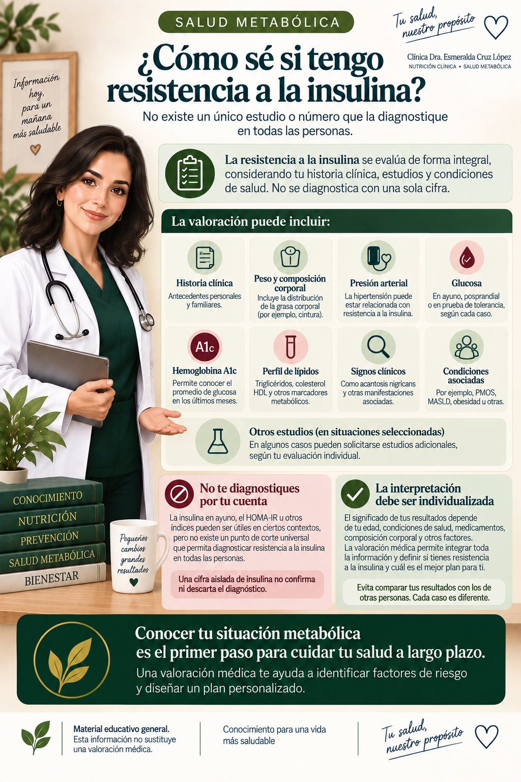 Infografía que explica la evaluación integral de la resistencia a la insulina y advierte que una cifra aislada de insulina o HOMA-IR no confirma ni descarta el diagnóstico.