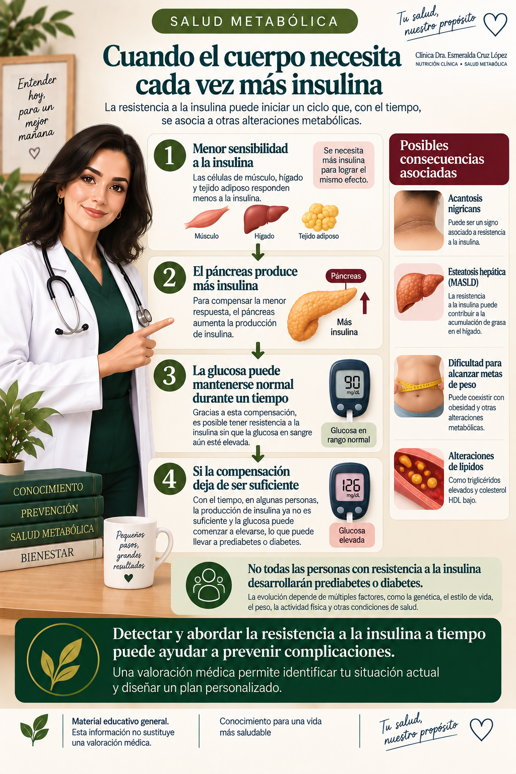 Infografía que muestra la secuencia desde menor sensibilidad a la insulina hasta la compensación pancreática y la posible elevación posterior de glucosa.
