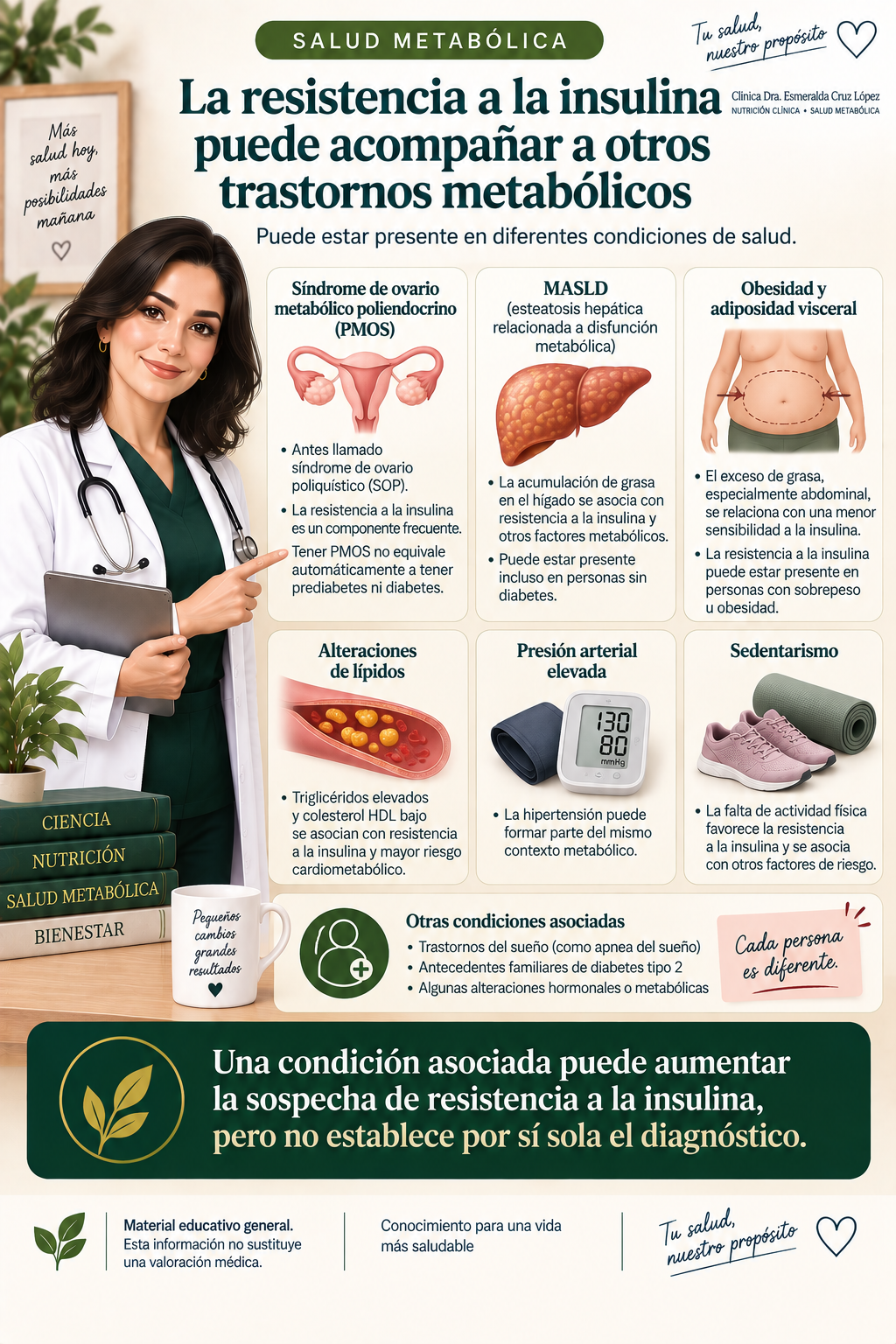 Infografía sobre condiciones y contextos que pueden asociarse con resistencia a la insulina, como alteraciones ováricas metabólicas, MASLD, adiposidad visceral, alteraciones de lípidos, presión elevada y sedentarismo.